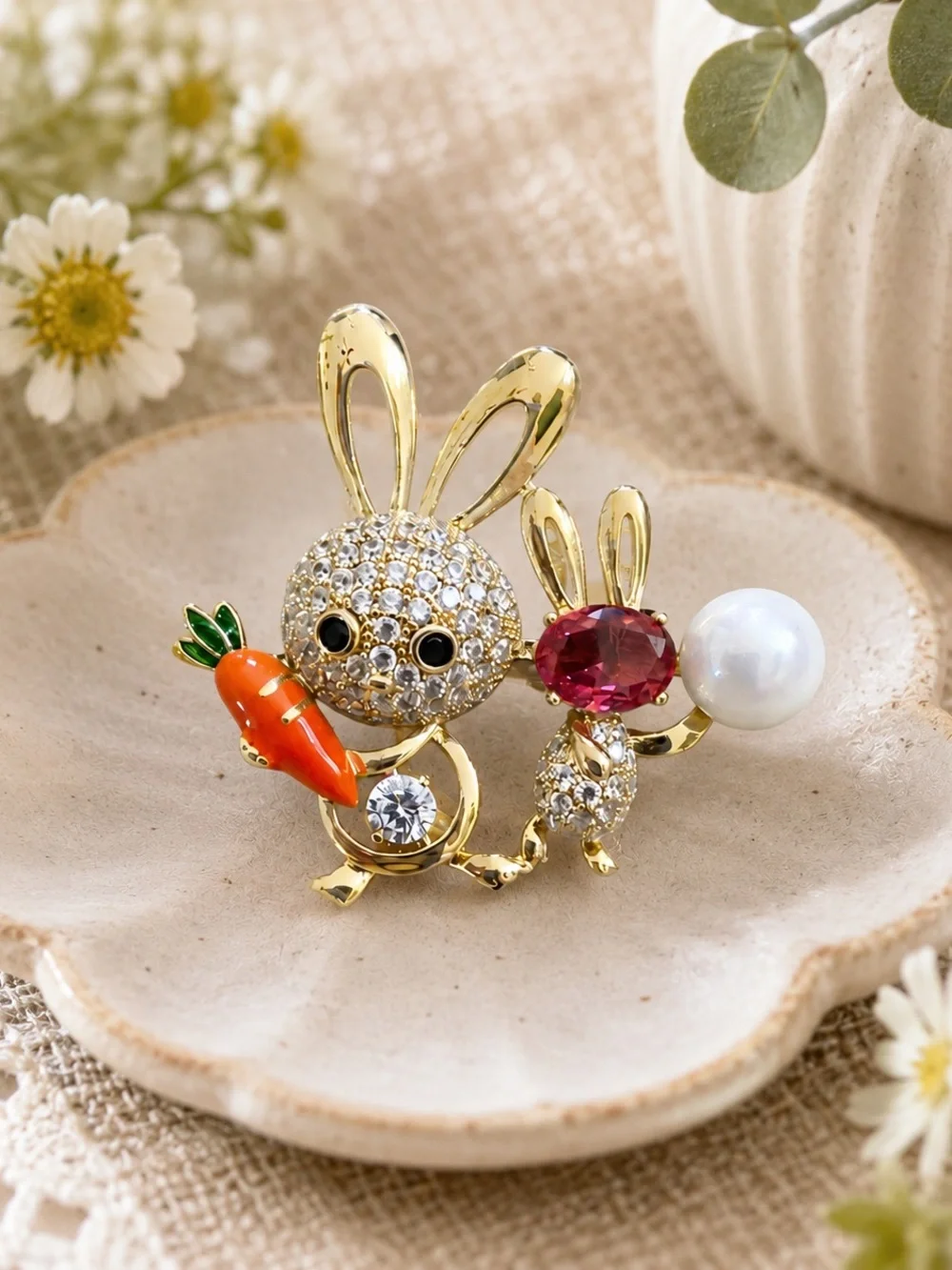 Gold-Tone Bunny Brooch with Red Gem, Pearl & Orange Carrot